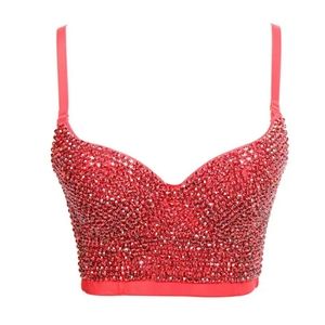 Rhinestones Red Party Bra